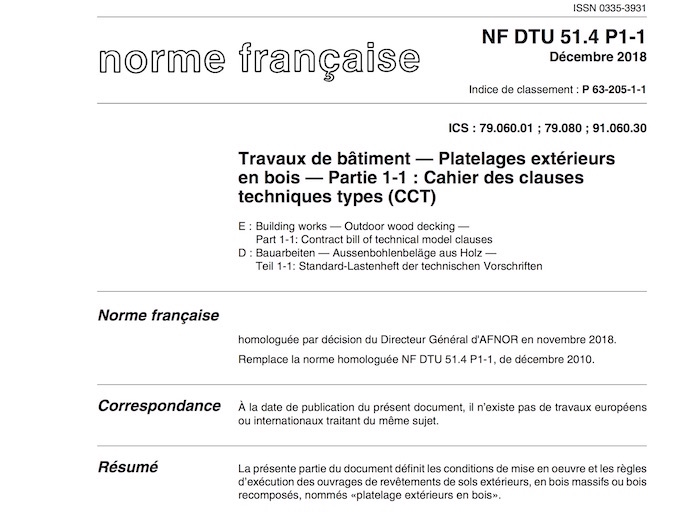 Le NF DTU 51.4 - Platelages bois paru en décembre 2018